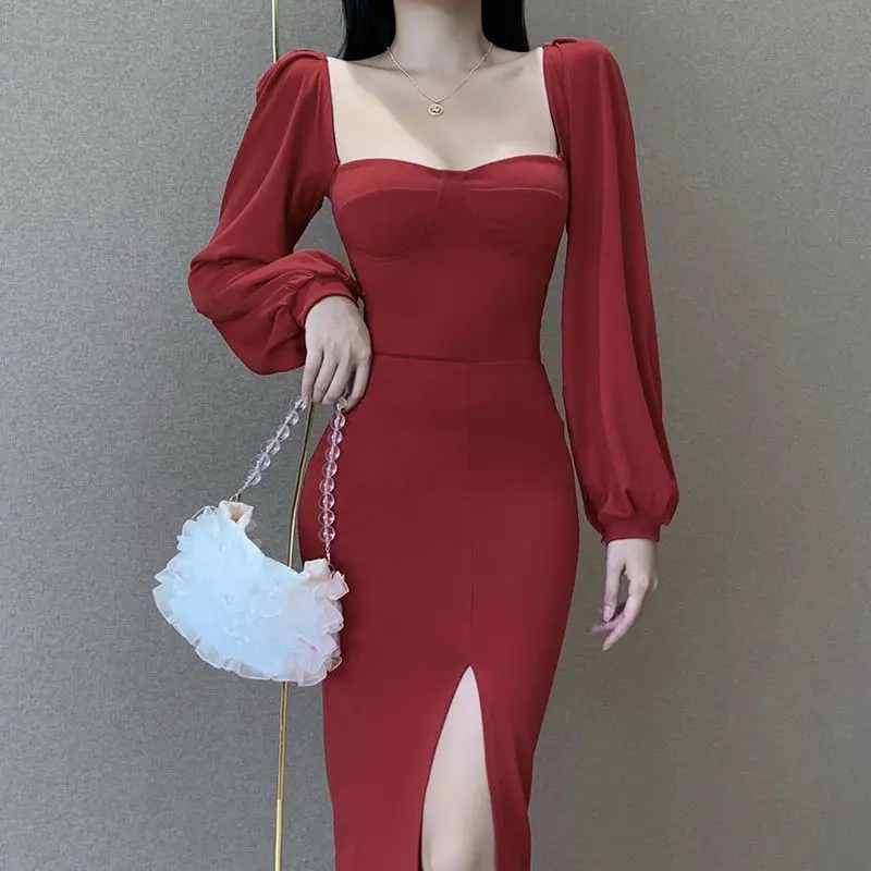 

Vintage Dress Women Solid Bubble Sleeve Maxi Dress 2022 Autumn New Korean Fashion Aesthetic Split Square Neck Slimming Dresses