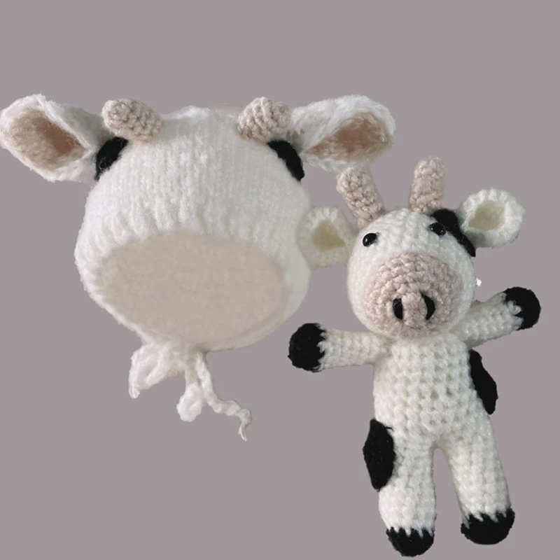 

Photography Clothing Newborn Hat for Doll Cute Crochet Knit Milk Cow Earmuffs Skull Baby Photo Wool Toy Infant Acces