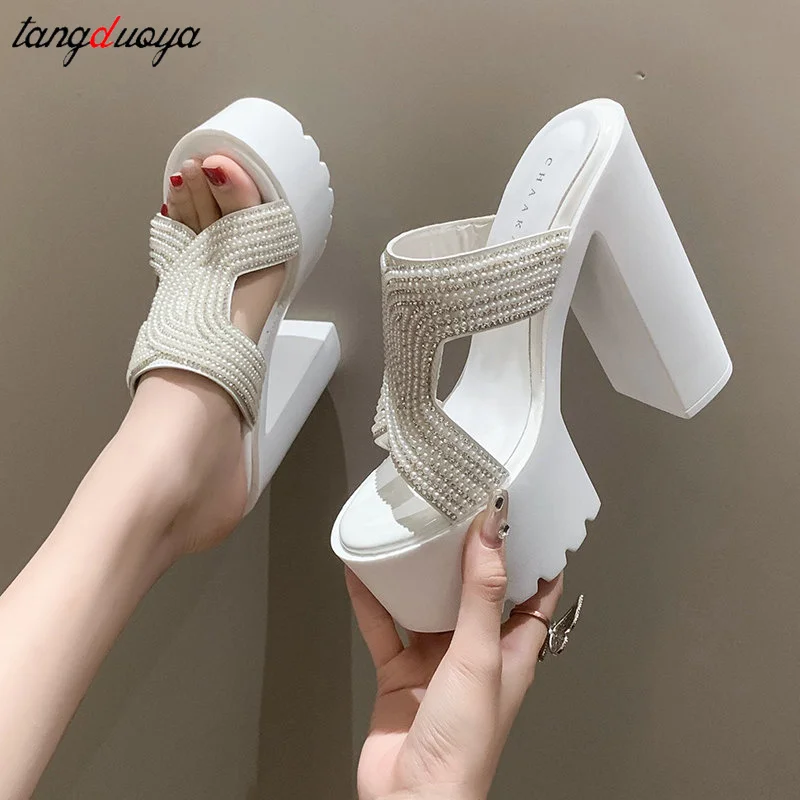 

white platform sandals Open Toe Women Slippers Fashion Platform Concise Gladiator Party Shoes Female Square High Heels 13.5cm