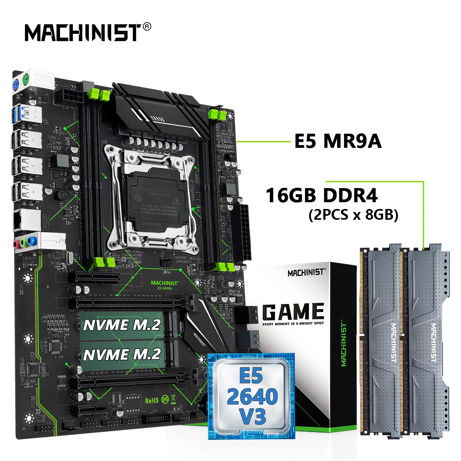 

MACHINIST MR9A 1.0 Motherboard LGA 2011-3 Set Kit With Xeon E5 2640 V3 CPU + 16GB(2*8G) DDR4 RAM Combo USB 3.0 NVME M.2