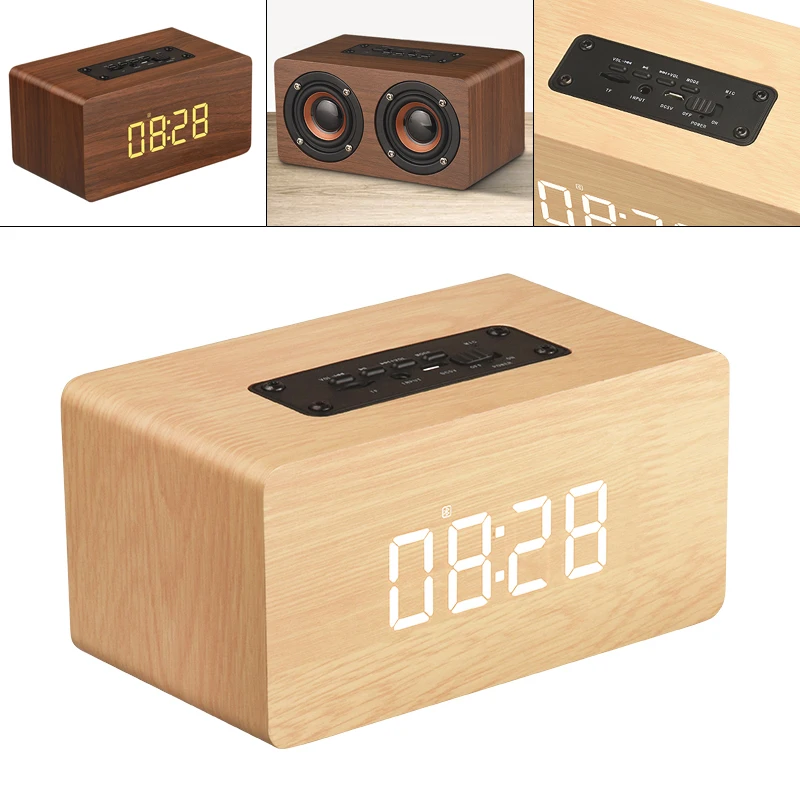 

52MM Double Horn Wooden 4.2 Bluetooth Alarm Clock Speaker with Time Display and AUX Wired Connection for Smartphone / PC