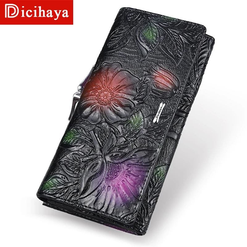 

New Arrive Ladies Wallets Leather Women Long Purse Flower Embossing Female Hasp Wallet Money Cards Purse Phone Bag