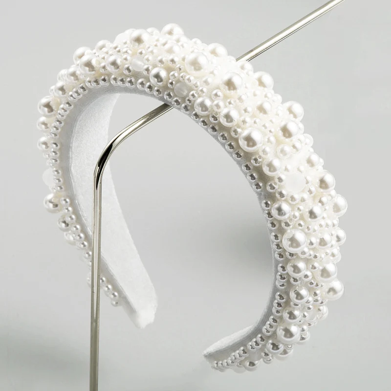 

Fashion Sponge Full Pearl Headbands For Women White Hair Band Solid Thick Head Hoop Handmade Wide Hair Accessories Headdress