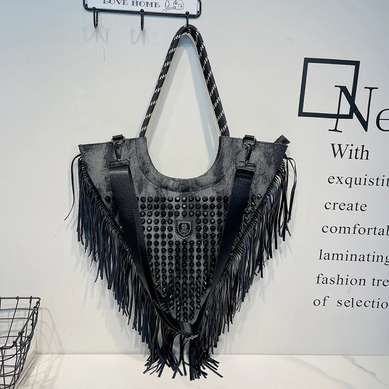 

New Retro Vintage Denim Bag Personality Luxury Designer Triangle-studded Bag Handheld Cross-slung Bolsa Feminina Street Bag