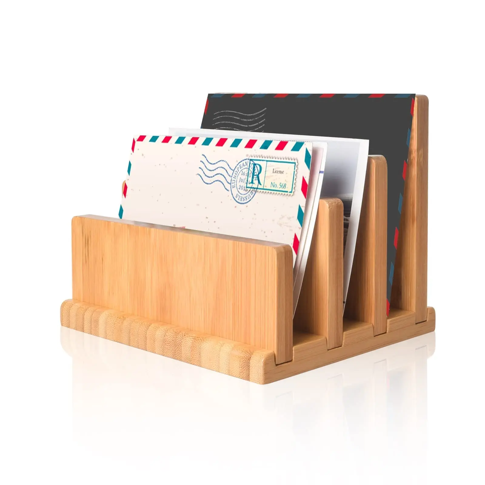 

Bamboo Mail Organizer with Rubber Feets Vertical Desk Letter File Bill Holder Small 3 Sections Desktop Office Supplies