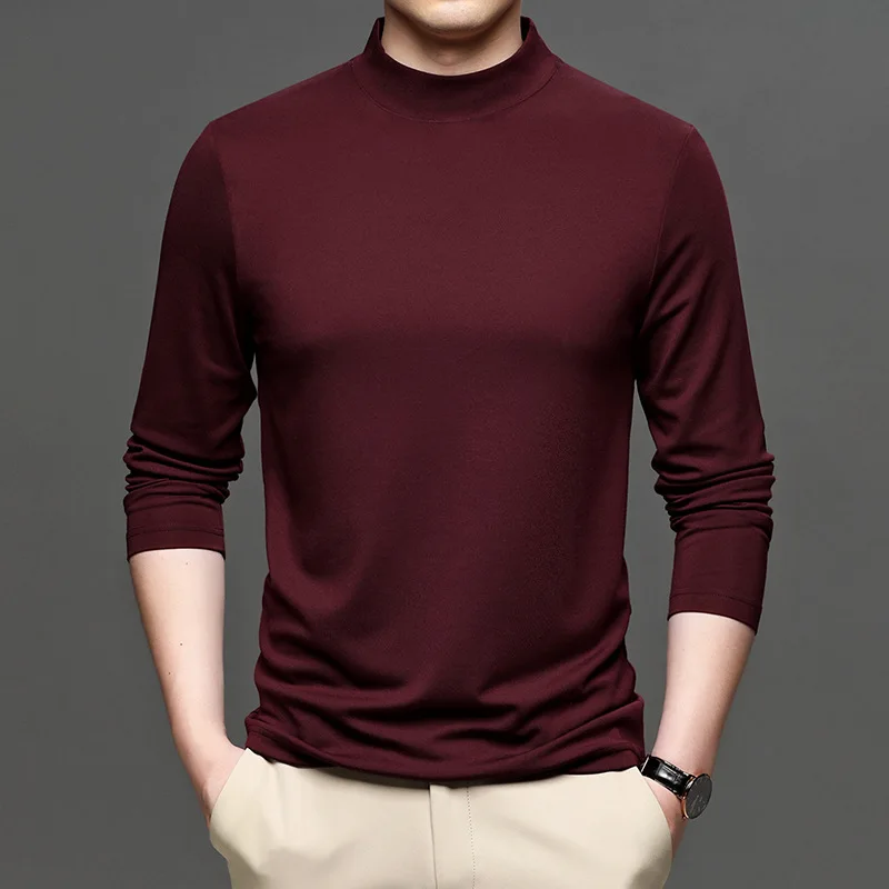 Бренд Birdtree натуральная смесь шелка макет шеи футболка для мужчин с длинным