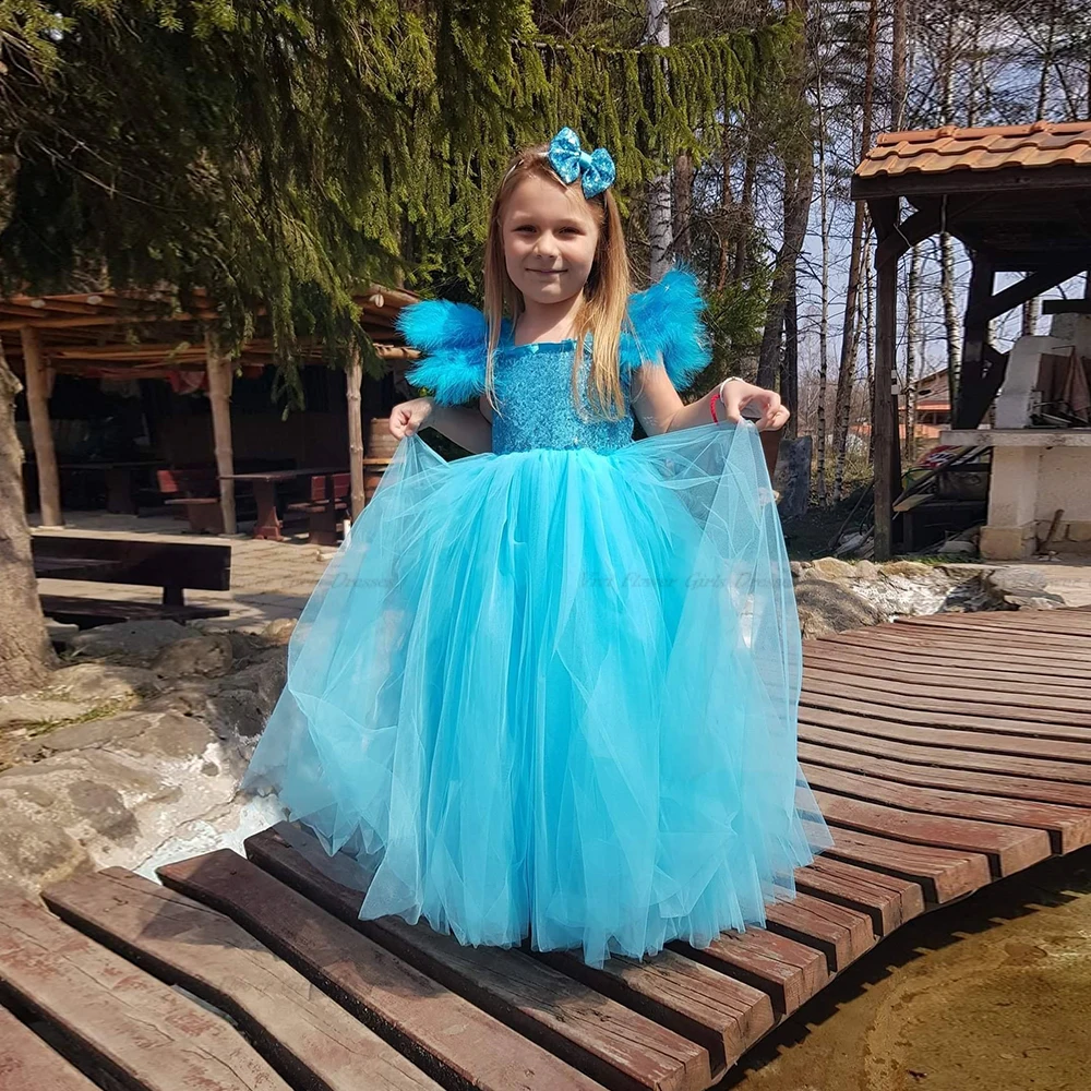 

Glitter Blue Elegant Feather Short Sleeves Wedding Dress For Girls Tiered With Tulle Elegant Birthday Prom Gown Christmas 2024