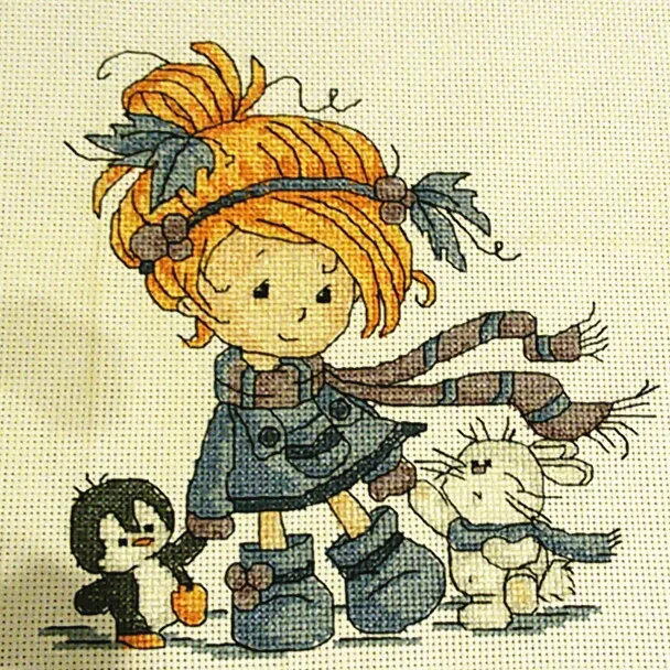 

The little girl and friends cross stitch kit DMC counted aida 14ct 11ct black hand embroidery DIY handmade needlework supplies