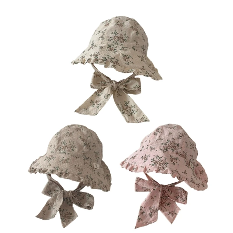 

Baby Fisherman Hat Toddler Bucket Hat Floral Print Panama Hats for Baby Girls Infant Ruffle Large Brim Floppy Cap 69HE
