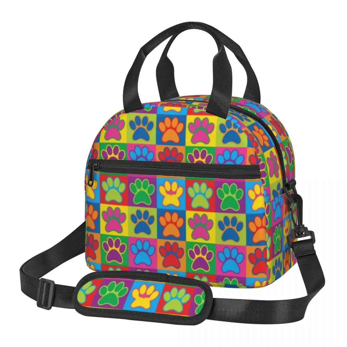 

Colorful Dog Paw Lunch Bag with Handle Pop Art Paws Cooling Cooler Bag Beach Fancy Pearl Cotton Thermal Bag