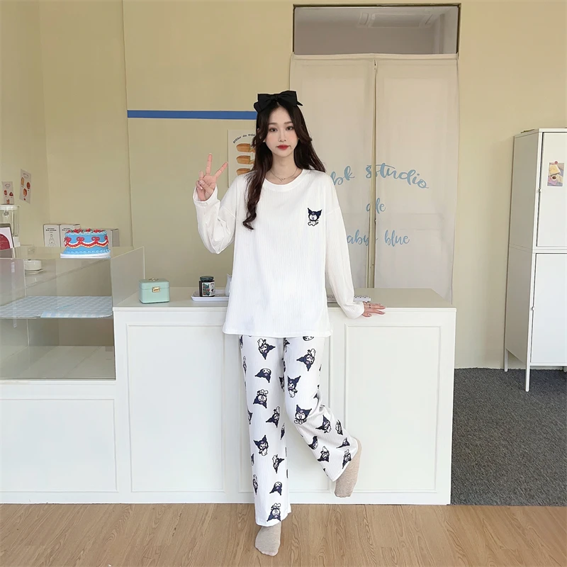Kawaii Pajama Set for Woman O Neck Spring Anime Pijama 2 Pieces Ins Homewear Sleep Top Nightgown Young Girls Loose Size Pyjama