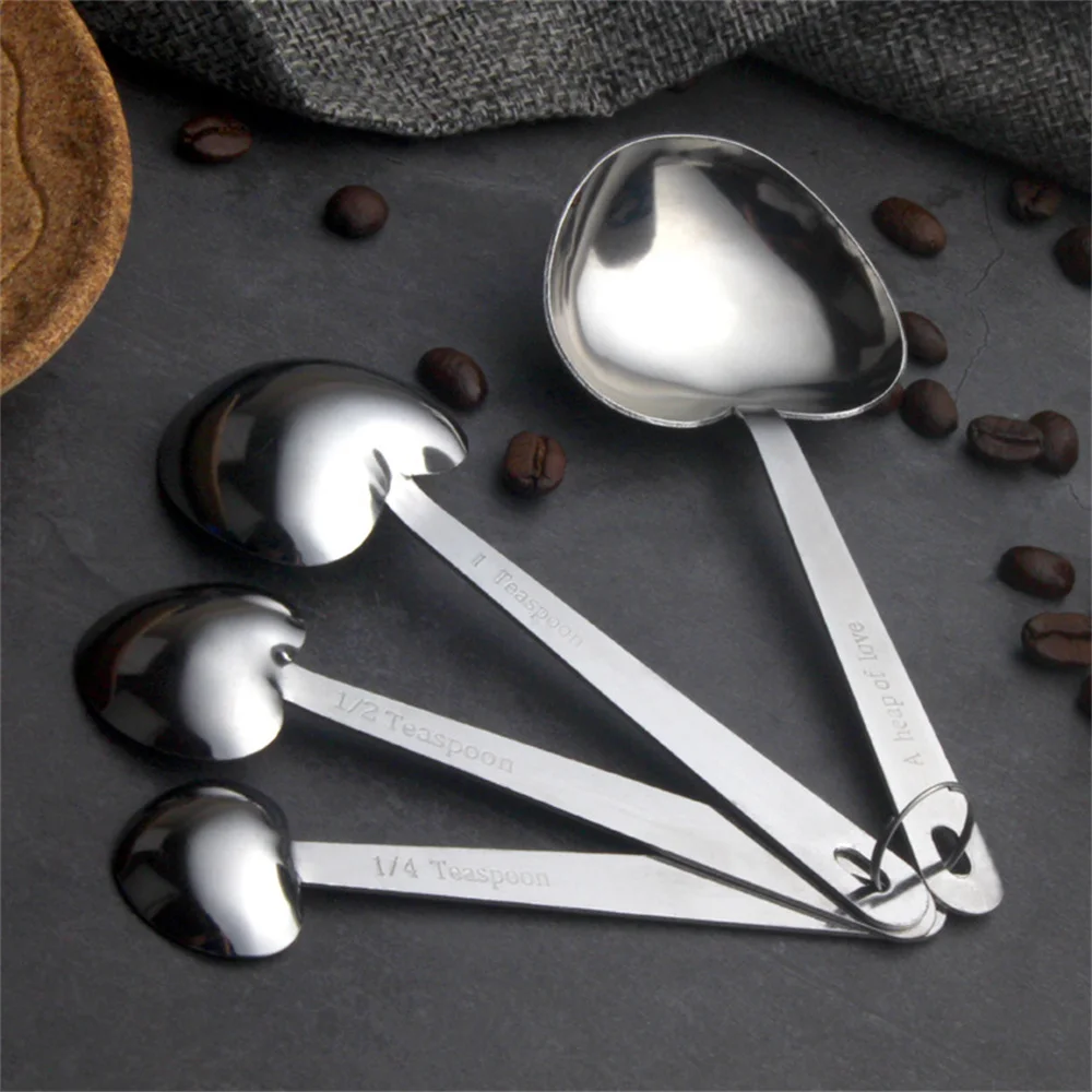 4Pcs/Set Love-shaped Stainless Steel Measuring Spoon Set Silver Multifunction Kitchen Baking Gadget Measuring Cup Coffee Scoop
