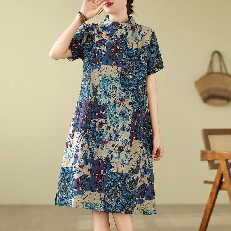 Винтажное художественное китайское платье новинка лета 2024 свободное женское
