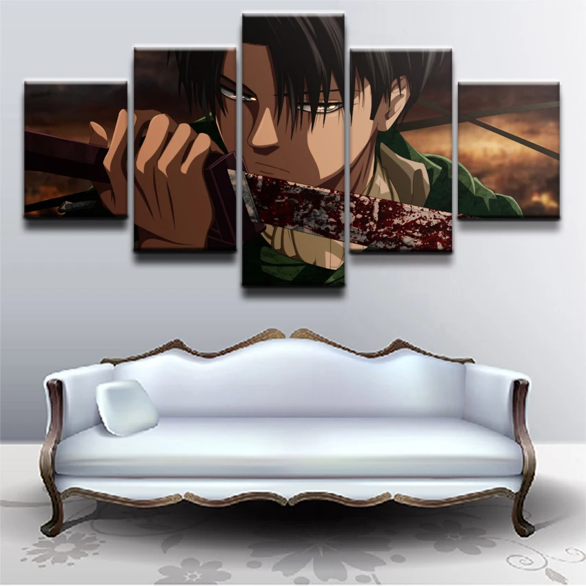 

5 Pcs Fashion Wall Art Canvas Painting Attack On Titan Blood Levi Ackerman Sword Posters Painting Modern Home Decoration