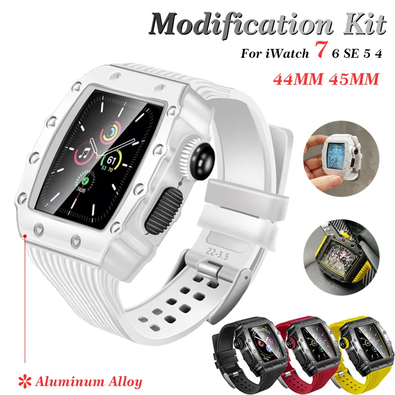 

45 мм 44 мм металлический чехол для часов + ремешок для Apple Watch 7 6 5 4 Силиконовый ремешок для iWatch серии SE чехол из алюминиевого сплава модификаци...