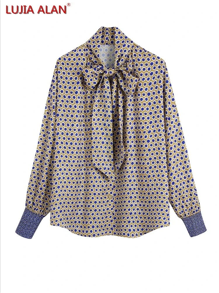 

Women Flower Print Satin Stand Collar Lace Up Bowknot Shirt Female Long Sleeve Blouse Casual Lady Tops Blusas LUJIA ALAN S9919