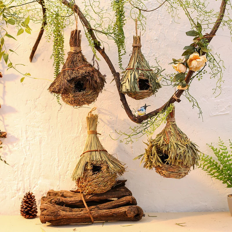 

Hand-woven Grass Hummingbird House Garden Patio Lawn Office Indoor Hung Decoration Natural Grass Bird Cage Decor Bird Supplies