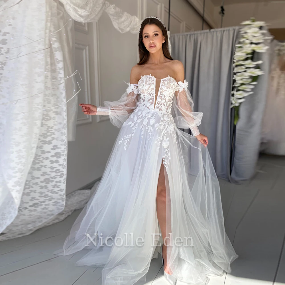 

Nicolle Eden Long Puff Sleeve Sexy Slit Wedding Dresses Lace Appliques Formal Bride Gown Vestido De Casamento Custom Made