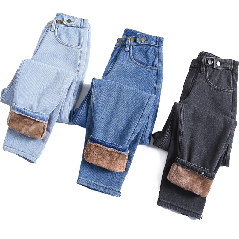 

Флисовые джинсы-бойфренды, шаровары, женские зимние плотные теплые повседневные свободные удобные брюки из денима, мягкая бархатная одежда