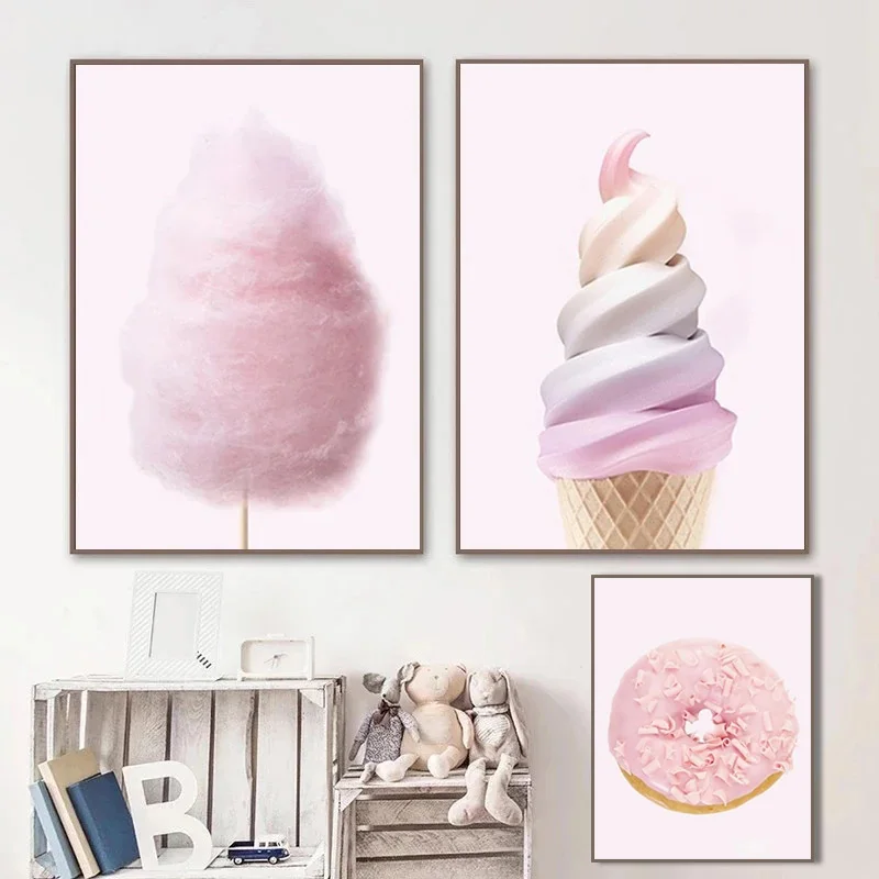 

Nordic Pink Wall Art Donut Ice Cream Cotton Candy Prints Posters Picture for Girl Room Dessert Shop Home Decor Canvas Painting