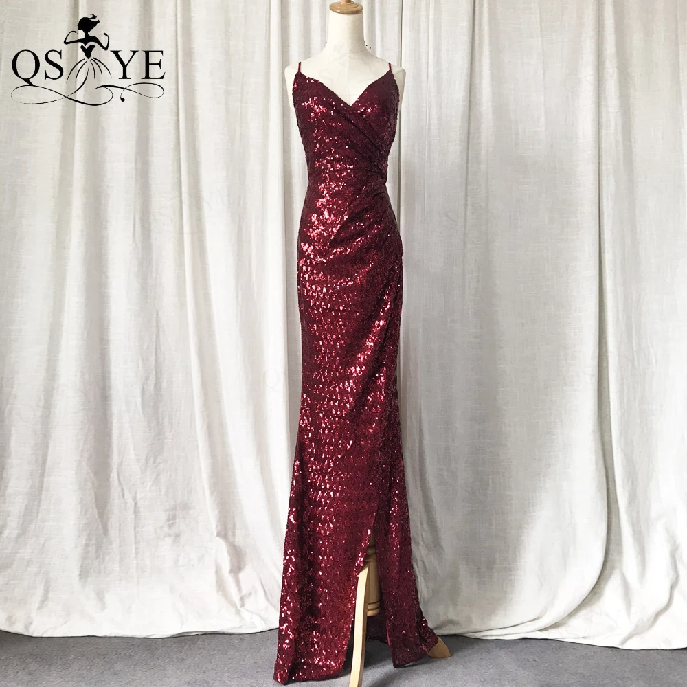 

QSYYE Glitter Burgundy Sequin Prom Dresses Spaghetti Straps V neck Princess Party Gown Ruched Pleat Split Sparkle Evening Dress
