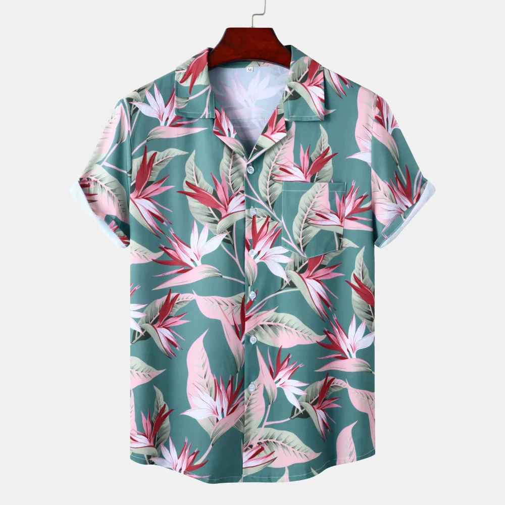 2023 Summer Original Design Beach Neck Ice Silk Drop Digital Print Casual Short Sleeve Flower Shirt Top Men's Clothing