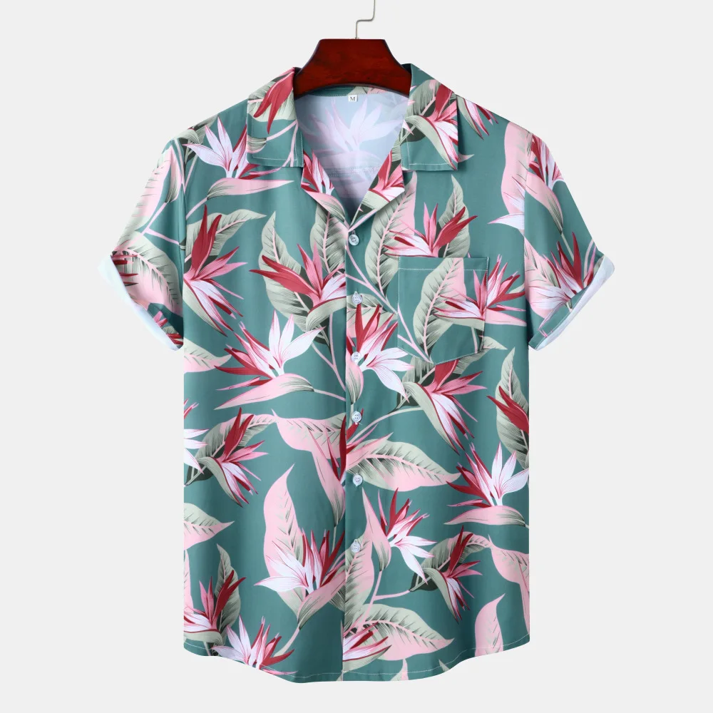 

2023 Summer Original Design Beach Neck Ice Silk Drop Digital Print Casual Short Sleeve Flower Shirt Top Men's Clothing