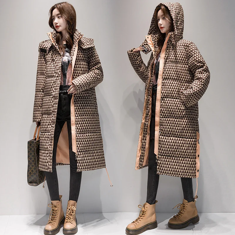 

2022 New Korean Edition Thousand Bird Checker Down Cotton Dress Women's Mid length Loose Thickened Fashion Hooded Contrast Coat