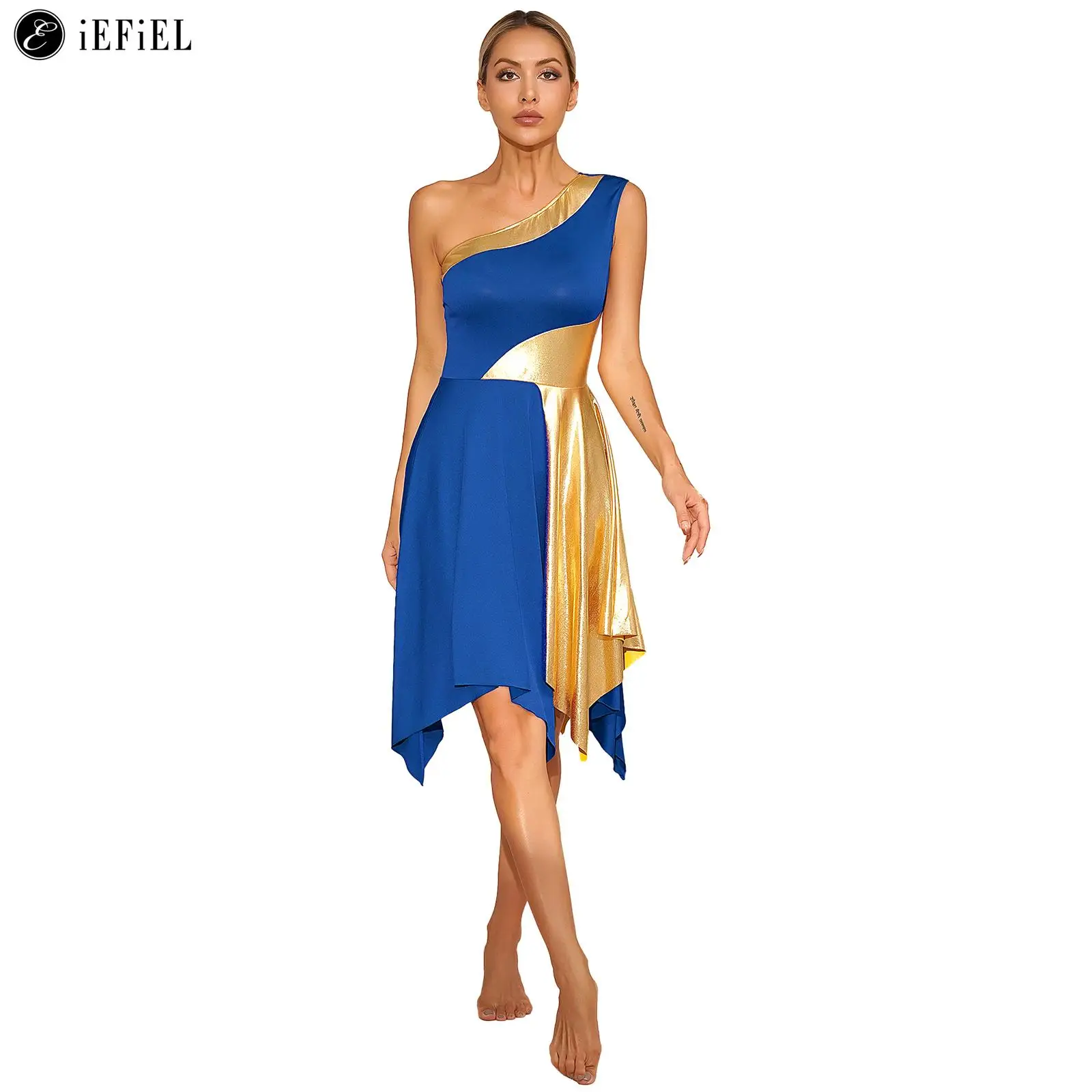 

Женское асимметричное платье на одно плечо для литарных танцев, лирическая Одежда для танцев, металлический цвет, костюм для балерины