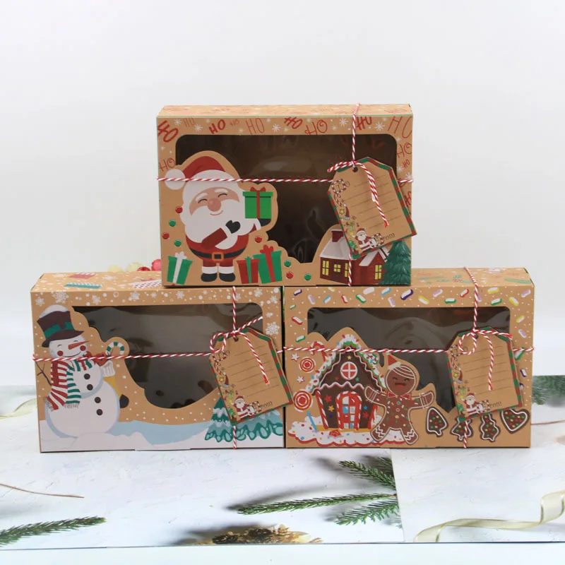 

3 шт. коробка из крафт-бумаги посылка для хлеба, Рождественская коробка для конфет, упаковка для кексов из ПВХ с окошком, Рождественская коро...