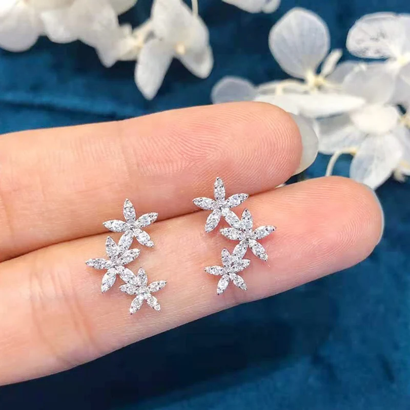 

New 3 Flowers Shaped Stud Earrings Women Romantic Wedding Party Earring Piercing High Quality Silver Color Trendy Jewelry