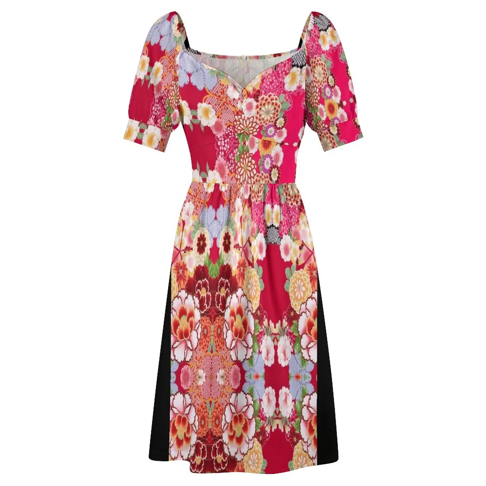 Красное платье с короткими рукавами и цветочным принтом женское элегантное