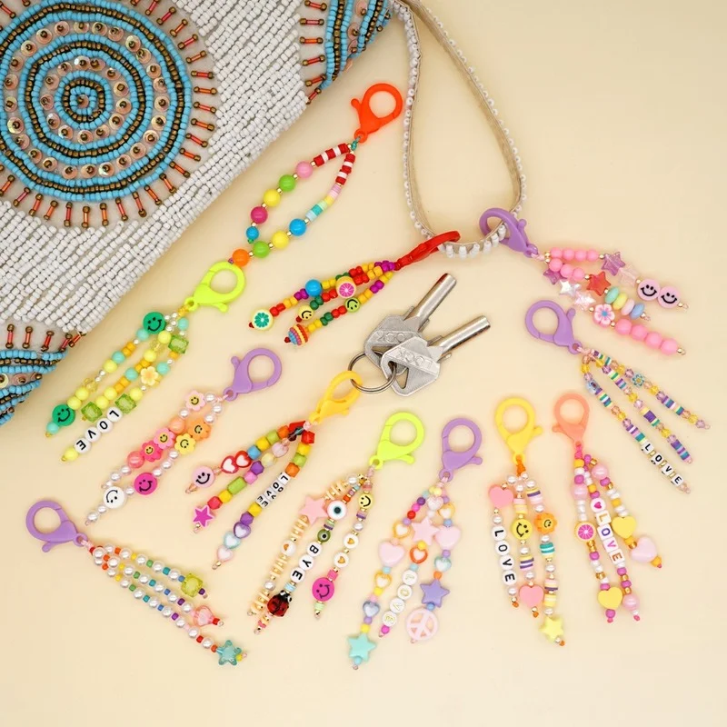 Bohemia Rainbow Color Smiling Peart Beads Keychains for Women Girls Bag Pendant Colorful Acrylic Heart Star Keyring Car Keychain