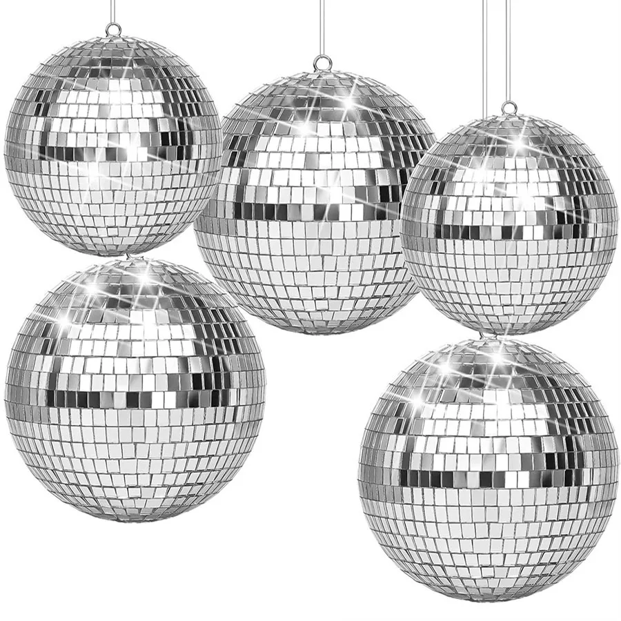 

Thrisdar Mirror Disco Balls 8/10/12Inch Silver Hanging Mirror Glass Ball Disco DJ Dance for Home Stage Props School Party Decor