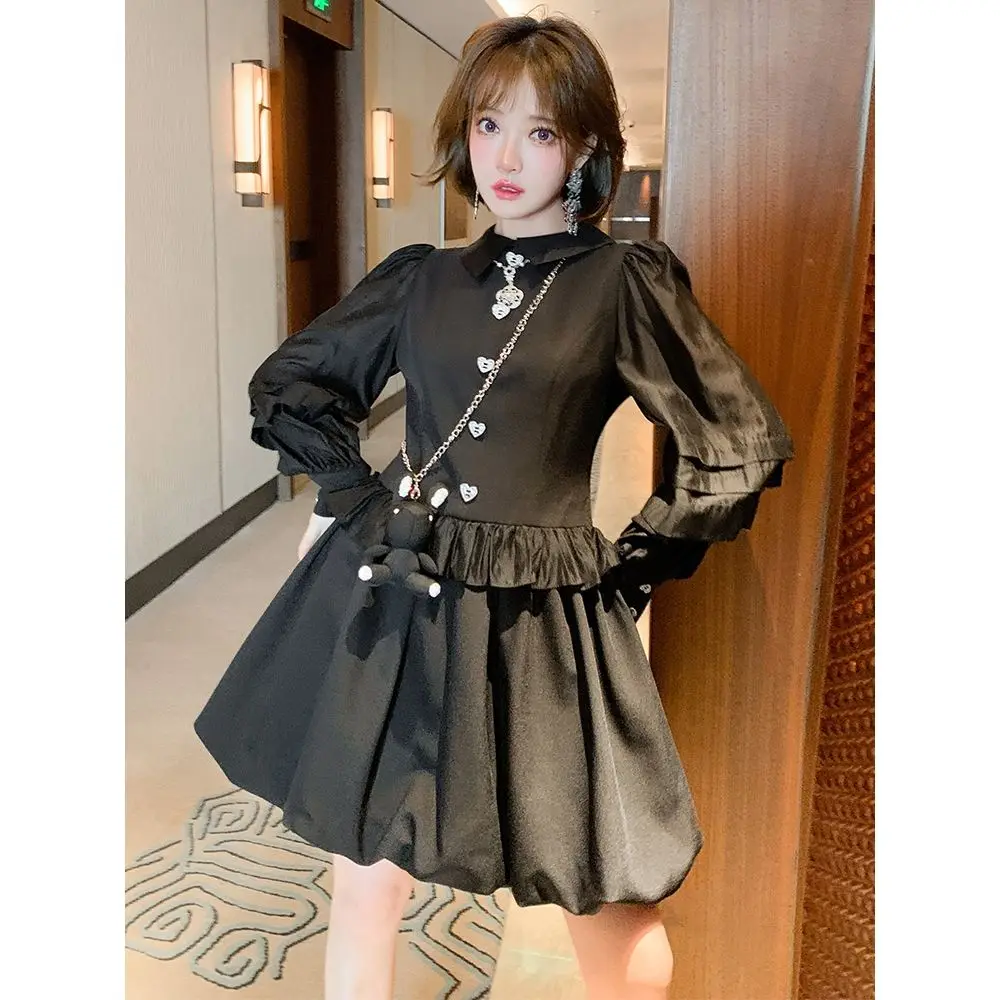 2022 Spring New Love Buttons Noble Stitching Ruffled Puffy Dress Lantern Sleeve Party Runway Stitching Fashion Dress Women's