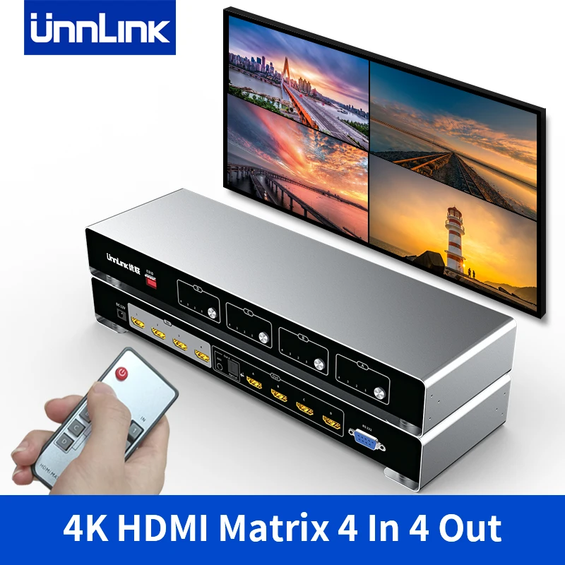 

UNNLINK 4K 30HZ HDMI Matrix Switch Splitter 4X4 Video HDMI Switcher 4 in 4 Out Display With RS232 Control Optical 3.5mm Audio