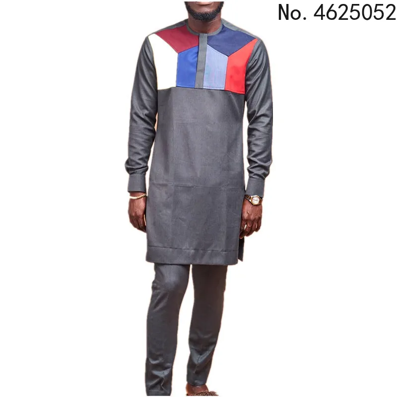 

Gray Polyester African Men Short Sleeve O-neck Plus Size Two Pieces Sets Top and Pant Dashiki African Men Clothes M-4XL