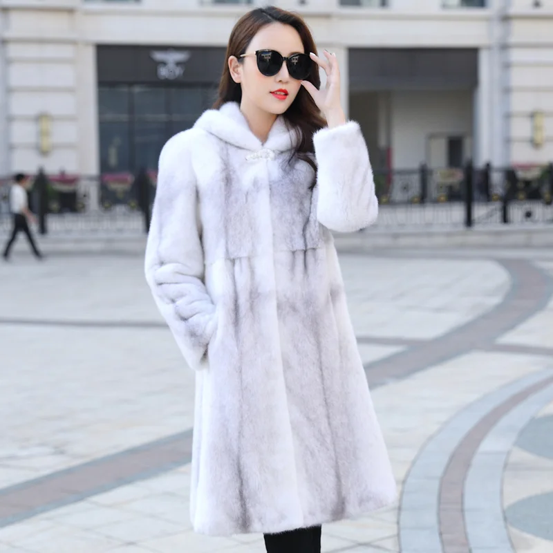 

mink 2023 new imported fur coat women's winter hooded 100cm long outerwear coats