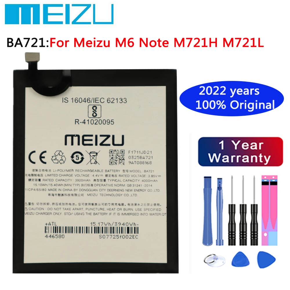 meizu 4000mah ba721 100 original replacement battery for meizu m6 note m721h m721l mobile phone batteries free global shipping