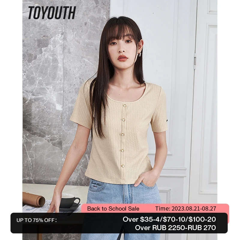 

Toyouth Women Knitted T-shirt 2023 Summer Short Sleeve U Neck Slim Fit Stretch Tees Embroidery Apricot Casual Chic Tops