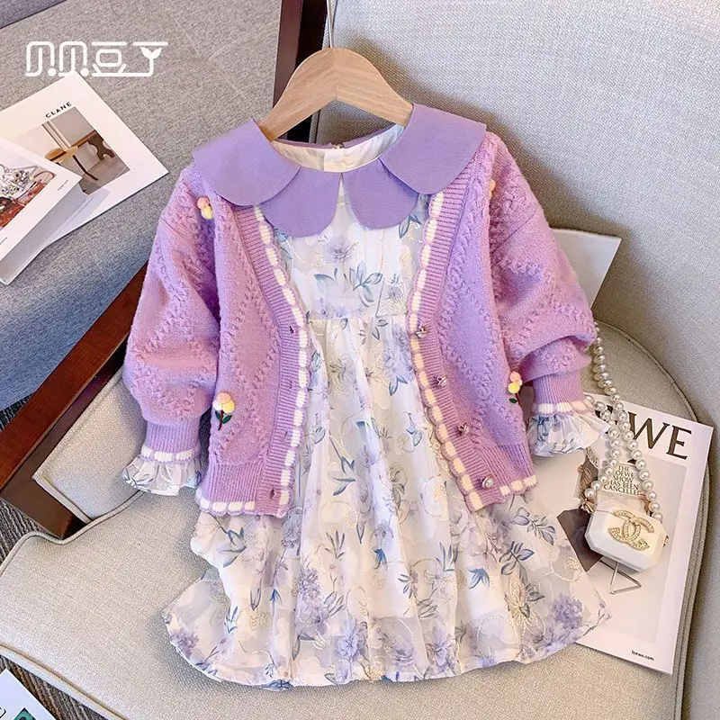 

Осенняя уличная одежда для маленьких девочек из двух предметов, вязаные плиссированные платья с фиолетовым цветочным рисунком
