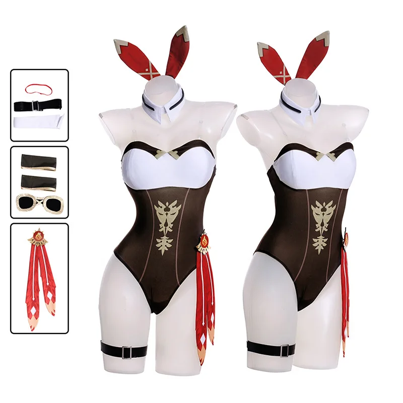 

Game Genshin Impact Cosplay Costumes Rabbit Girl Halloween Party Bar Nightclub Amber Woman Sexy Waiter Clothing Jumpsuits Suit