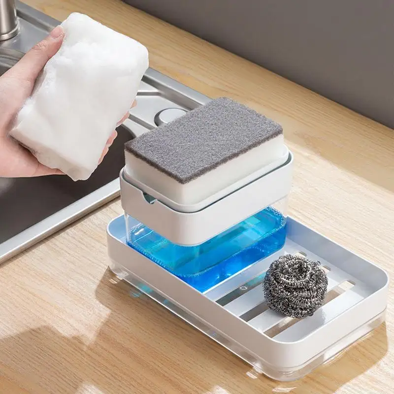 

Soap Dispenser Box Home Bowl Cleaner Storage Rack Box With Sponge Brush Water Drainage Cleaning Liquid Press Dispenser For Home