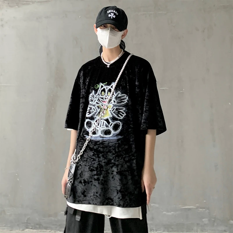 

Футболка YASUGUOJI мужская с коротким рукавом, уличная одежда в стиле хип-хоп, Повседневная Свободная рубашка с мультяшным принтом, лето 2022
