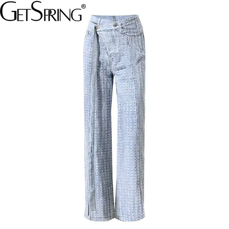 

Getspring Women Jeans Hole Asymmetry High Waisted Jeans Pants Irregular Vintage Fashion Long Blue Denim Pants Women 2022 New