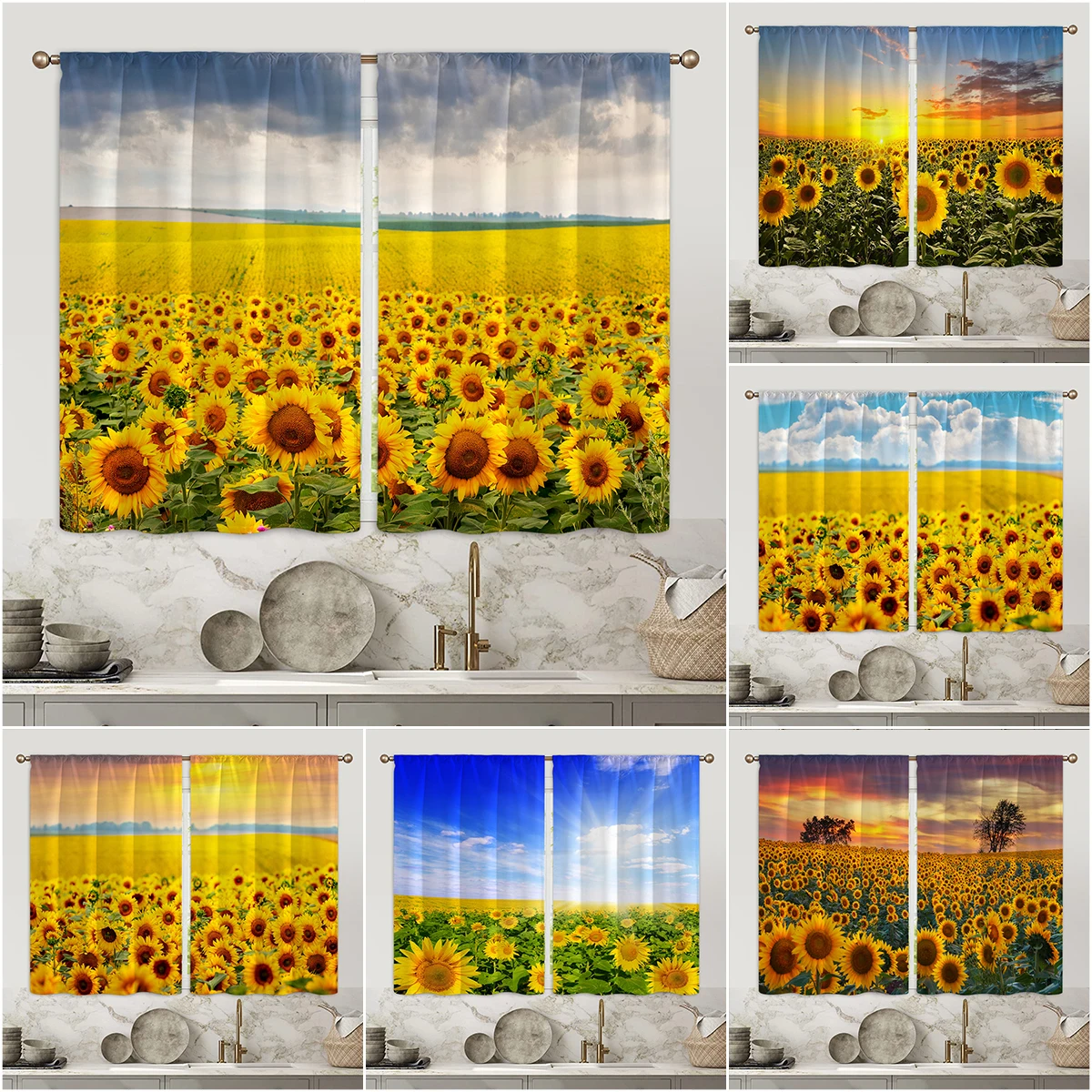 

Sunset Sunflowers 3D Digital Printing Curtain Kitchen Short Window Curtains 2 Panels