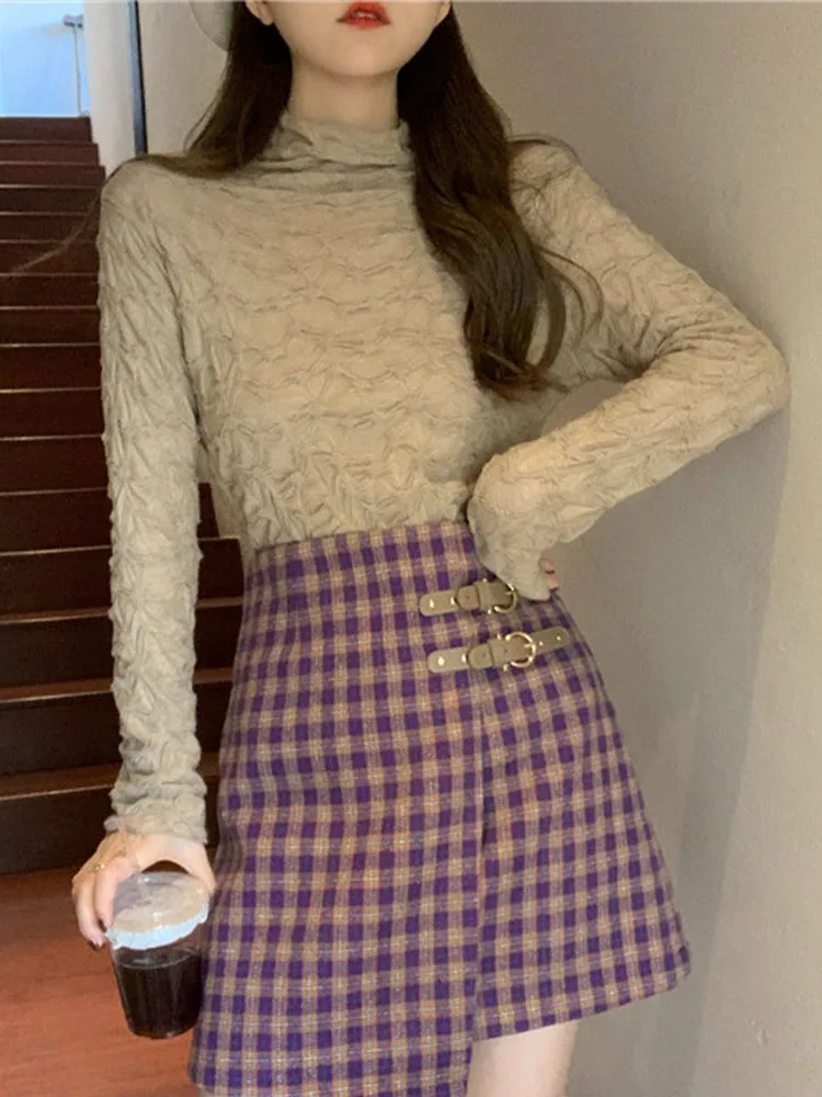 

Autumn Long Sleeve Top Women Korean Fashion Solid Color Turtleneck T-shirts Female Elegant Pleated Slim All Match Basic Tees