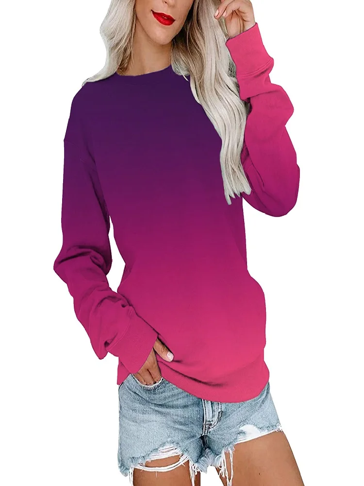 Autumn and winter multi-color gradual 3D print crewneck women's hoodie fashion sports comfortable pullover