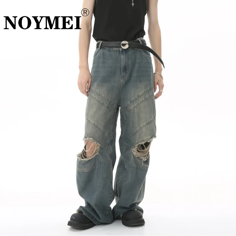 

NOYMEI Hip Hop American High Street Beggar Hole Design Loose Denim Straight Pants Autumn New Solid Color Trousers WA1885