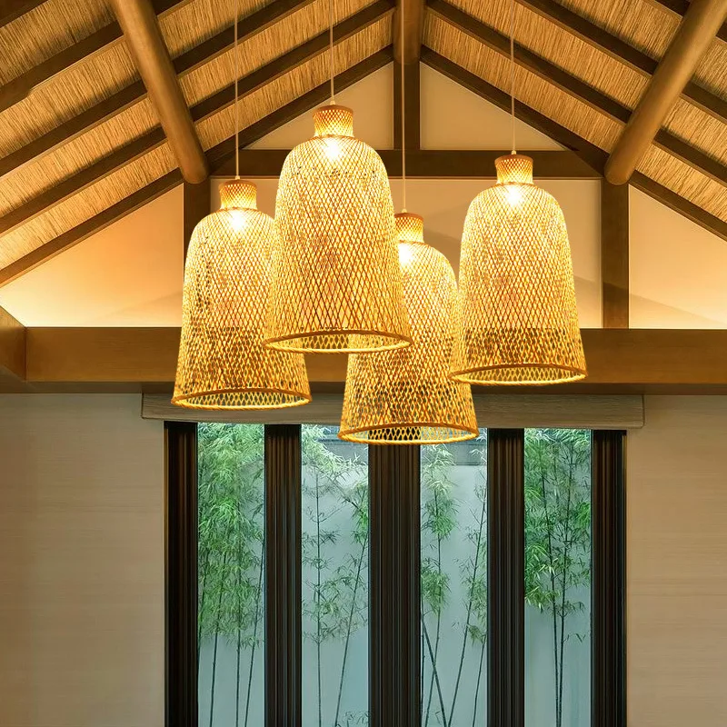 

Chinese Chandelier Zen Restaurant Straw Hat Lampshade Art Living Room Tea Room Bamboo Chandelier Bamboo Woven Lamp